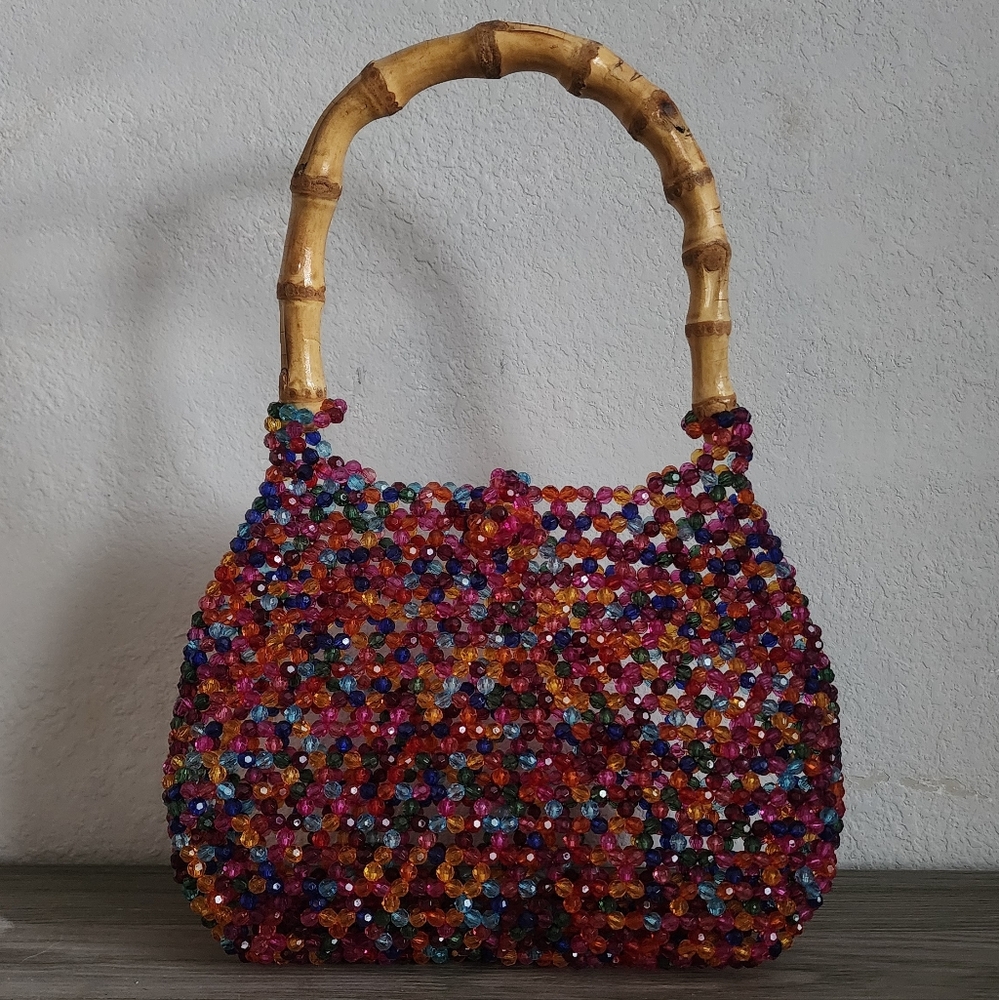 Multicolor Beaded Handbag with Bamboo Handle